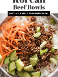 These Korean-inspired ground beef and rice bowls are outrageously easy to make, delicious, and ready in less than 20 minutes. If you're looking for something new to do with ground beef, this is the answer! Top with your favorite veggies and toasted sesame seeds for an easy, vibrant, and flexible dinner.