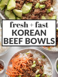 These Korean-inspired ground beef and rice bowls are outrageously easy to make, delicious, and ready in less than 20 minutes. If you're looking for something new to do with ground beef, this is the answer! Top with your favorite veggies and toasted sesame seeds for an easy, vibrant, and flexible dinner.