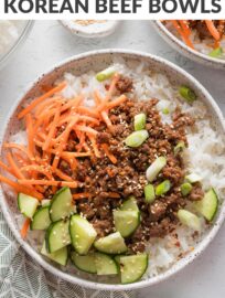 These Korean-inspired ground beef and rice bowls are outrageously easy to make, delicious, and ready in less than 20 minutes. If you're looking for something new to do with ground beef, this is the answer! Top with your favorite veggies and toasted sesame seeds for an easy, vibrant, and flexible dinner.