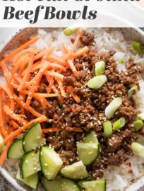 These Korean-inspired ground beef and rice bowls are outrageously easy to make, delicious, and ready in less than 20 minutes. If you're looking for something new to do with ground beef, this is the answer! Top with your favorite veggies and toasted sesame seeds for an easy, vibrant, and flexible dinner.