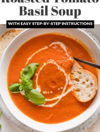 This delicious roasted tomato basil soup has a rich taste and creamy texture without any added cream or other dairy. A mix of fresh and canned tomatoes delivers dreamy flavor and consistency, while plenty of herbs infuse the homemade taste everyone loves. This is the ultimate cozy bowl of soup!