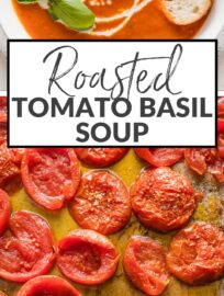 This delicious roasted tomato basil soup has a rich taste and creamy texture without any added cream or other dairy. A mix of fresh and canned tomatoes delivers dreamy flavor and consistency, while plenty of herbs infuse the homemade taste everyone loves. This is the ultimate cozy bowl of soup!