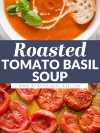 This delicious roasted tomato basil soup has a rich taste and creamy texture without any added cream or other dairy. A mix of fresh and canned tomatoes delivers dreamy flavor and consistency, while plenty of herbs infuse the homemade taste everyone loves. This is the ultimate cozy bowl of soup!