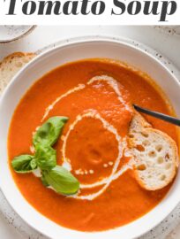 This delicious roasted tomato basil soup has a rich taste and creamy texture without any added cream or other dairy. A mix of fresh and canned tomatoes delivers dreamy flavor and consistency, while plenty of herbs infuse the homemade taste everyone loves. This is the ultimate cozy bowl of soup!