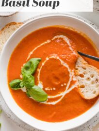 This delicious roasted tomato basil soup has a rich taste and creamy texture without any added cream or other dairy. A mix of fresh and canned tomatoes delivers dreamy flavor and consistency, while plenty of herbs infuse the homemade taste everyone loves. This is the ultimate cozy bowl of soup!