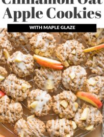 Apple cinnamon cookies made with oatmeal and drizzled with a sweet maple glaze are a must-make for me every fall! They have all the cozy flavors of apple crisp packed into a soft, cake-like cookie. Perfect for a simple dessert and dreamy with your coffee or tea.