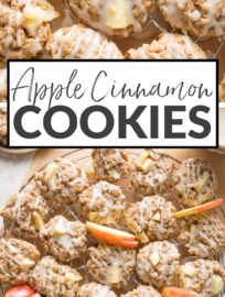 Apple cinnamon cookies made with oatmeal and drizzled with a sweet maple glaze are a must-make for me every fall! They have all the cozy flavors of apple crisp packed into a soft, cake-like cookie. Perfect for a simple dessert and dreamy with your coffee or tea.