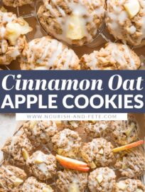 Apple cinnamon cookies made with oatmeal and drizzled with a sweet maple glaze are a must-make for me every fall! They have all the cozy flavors of apple crisp packed into a soft, cake-like cookie. Perfect for a simple dessert and dreamy with your coffee or tea.