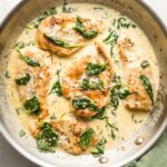 Creamy chicken Florentine, in a skillet ready to serve.