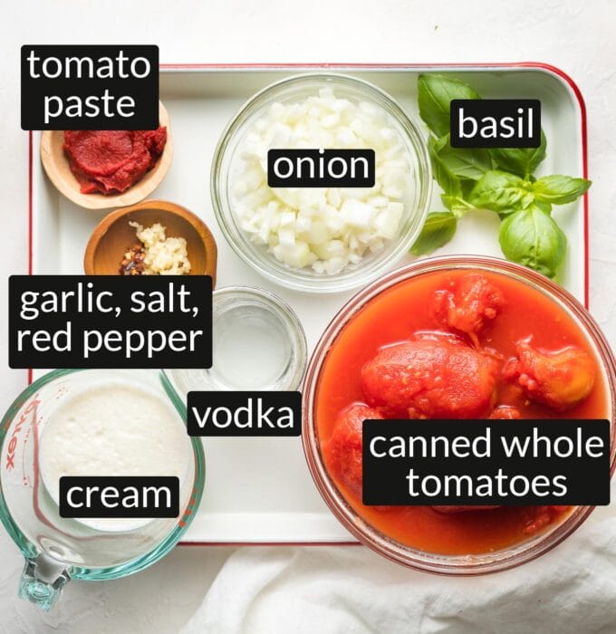 Labeled photo of tomato paste, onion, basil, canned whole tomatoes, garlic, salt, red pepper, vodka, and cream measured and arranged in prep bowls.