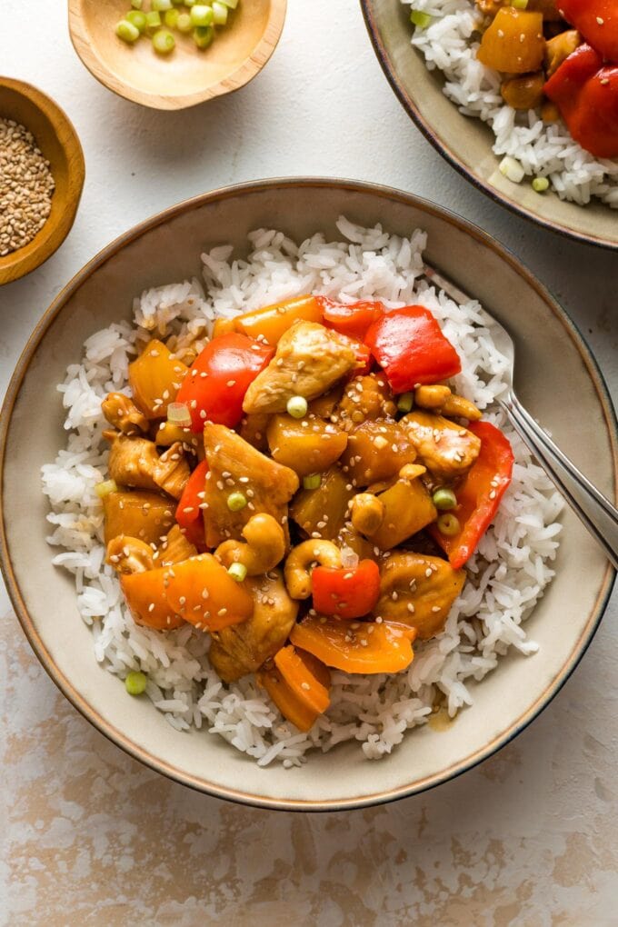 Pineapple chicken served with rice.
