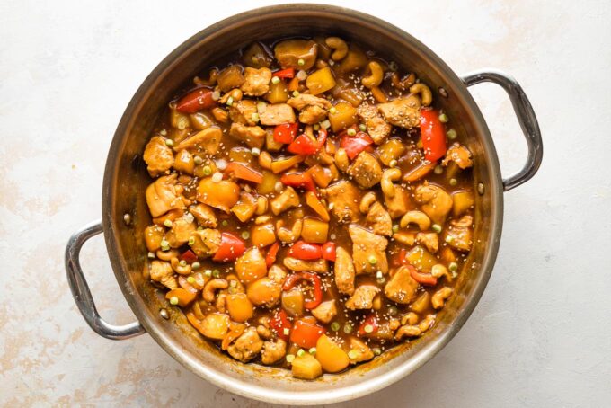 Finished pineapple chicken in skillet.