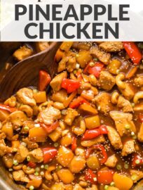 This easy pineapple chicken recipe delivers a simple stir fry of chicken, pineapple, and vegetables coated in a sweet and flavorful sauce everyone loves. Skip the takeout and serve this for a terrific family meal ready in 30 minutes or less!