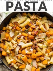 This roasted butternut squash pasta with bacon, rosemary, and Parmesan is delicious, easy to make, and sure to be a new fall favorite.