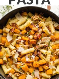 This roasted butternut squash pasta with bacon, rosemary, and Parmesan is delicious, easy to make, and sure to be a new fall favorite.