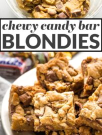 These soft, chewy, chocolate-packed Candy Bar Blondies are an irresistible treat! Imagine a buttery brown sugar blondie base studded with Snickers, Twix, Milky Way, or any or all your favorite treats. Best of all, they're super quick and easy to make: no mixer, one bowl, and minimal prep!