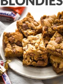 These soft, chewy, chocolate-packed Candy Bar Blondies are an irresistible treat! Imagine a buttery brown sugar blondie base studded with Snickers, Twix, Milky Way, or any or all your favorite treats. Best of all, they're super quick and easy to make: no mixer, one bowl, and minimal prep!