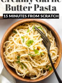 Ready in just 15 minutes, this creamy garlic butter pasta is an easy meal the whole family will love. Flavorful and from scratch! Serve with a big salad and garlic bread, or add your favorite protein to feed a crowd.