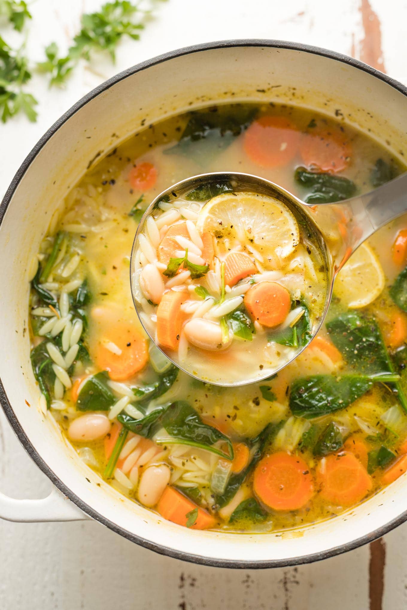 Ladle full of white bean and spinach soup with orzo.