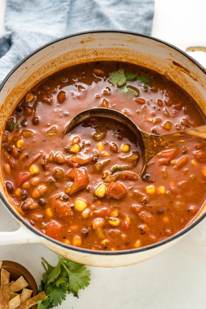 Ladle scooping up chipotle black bean soup from a Dutch oven.