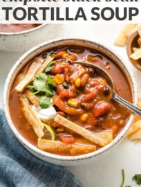 This chipotle black bean tortilla soup is easy and full of smoky, bright Mexican flavors. Gluten-free, vegan, perfect for busy weeknights!