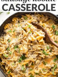 This cozy sausage noodle casserole has egg noodles, pork sausage, and cheese, all wrapped up in a creamy sauce and baked under a crispy breadcrumb topping. This is classic comfort food the whole family will love.