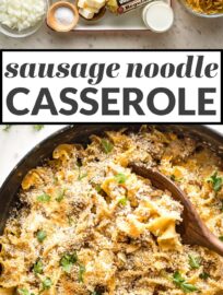 This cozy sausage noodle casserole has egg noodles, pork sausage, and cheese, all wrapped up in a creamy sauce and baked under a crispy breadcrumb topping. This is classic comfort food the whole family will love.