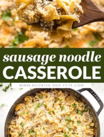 This cozy sausage noodle casserole has egg noodles, pork sausage, and cheese, all wrapped up in a creamy sauce and baked under a crispy breadcrumb topping. This is classic comfort food the whole family will love.