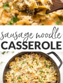 This cozy sausage noodle casserole has egg noodles, pork sausage, and cheese, all wrapped up in a creamy sauce and baked under a crispy breadcrumb topping. This is classic comfort food the whole family will love.