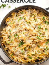 This cozy sausage noodle casserole has egg noodles, pork sausage, and cheese, all wrapped up in a creamy sauce and baked under a crispy breadcrumb topping. This is classic comfort food the whole family will love.