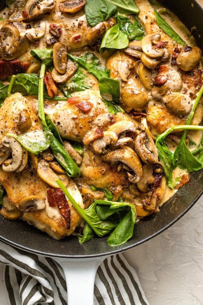 Close-up image of balsamic chicken with spinach and mushrooms.