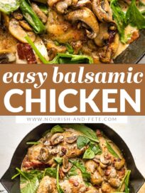 This creamy Balsamic Chicken with Spinach and Mushrooms boasts a rich and tangy pan sauce, crisp salty bacon, and melt-in-your-mouth pieces of chicken. You’ll love the taste and how easy it is to make in about 30 minutes.