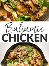 This creamy Balsamic Chicken with Spinach and Mushrooms boasts a rich and tangy pan sauce, crisp salty bacon, and melt-in-your-mouth pieces of chicken. You’ll love the taste and how easy it is to make in about 30 minutes.