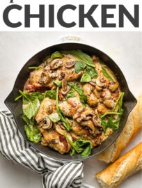 This creamy Balsamic Chicken with Spinach and Mushrooms boasts a rich and tangy pan sauce, crisp salty bacon, and melt-in-your-mouth pieces of chicken. You’ll love the taste and how easy it is to make in about 30 minutes.