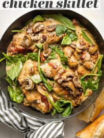 This creamy Balsamic Chicken with Spinach and Mushrooms boasts a rich and tangy pan sauce, crisp salty bacon, and melt-in-your-mouth pieces of chicken. You’ll love the taste and how easy it is to make in about 30 minutes.