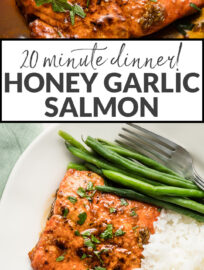 Tender salmon coated in an irresistible, 4-ingredient, sweet and savory sauce. This honey garlic salmon comes together in less than 20 minutes and will be your new favorite healthy ultra-fast meal.
