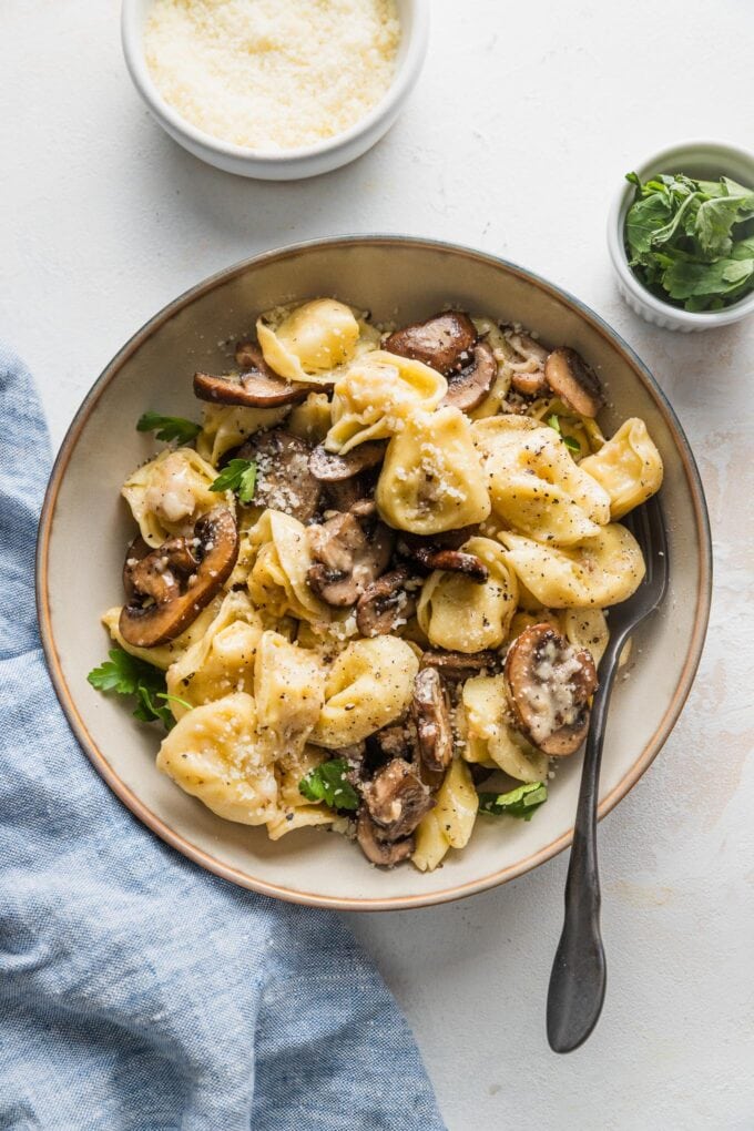 Small pasta bowl filled with cheese tortellini cooked with mushrooms, butter, and Parmesan.