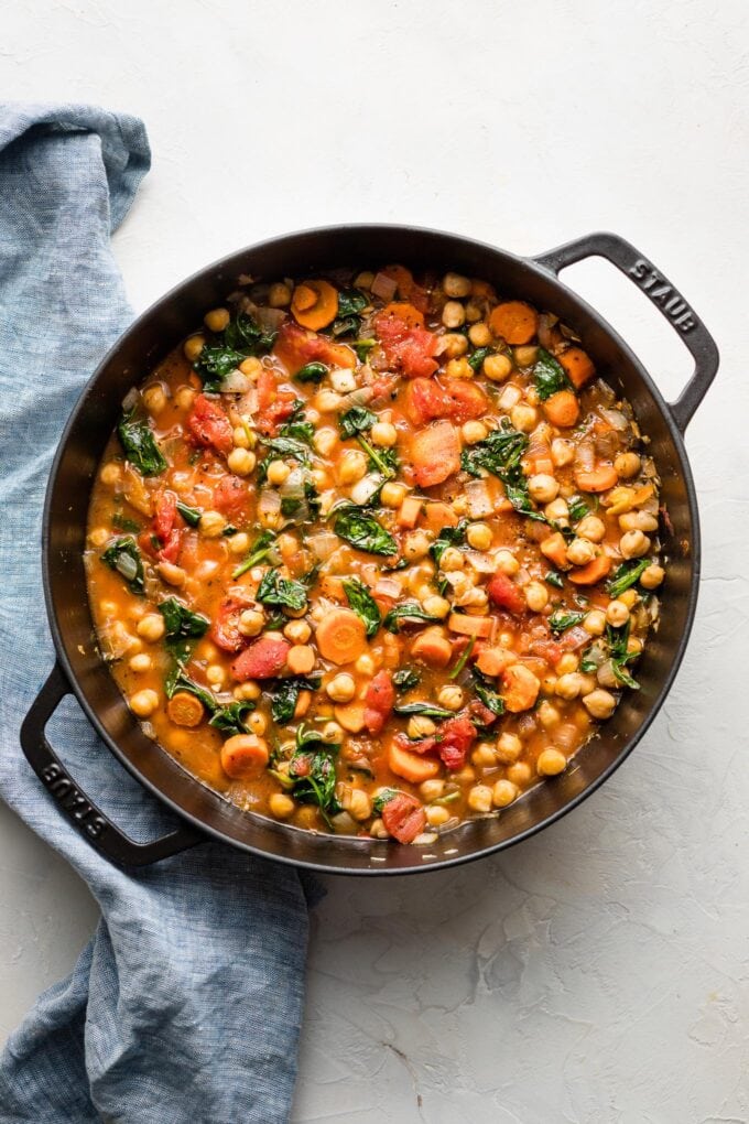 Large Dutch oven filled with Tuscan chickpea stew.