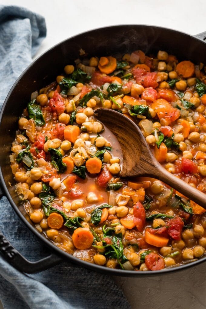 Tuscan chickpea stew in the skillet.