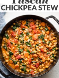 With simple ingredients and bright flavors, this easy Tuscan chickpea stew is a healthy and delicious meatless meal made in about 30 minutes!