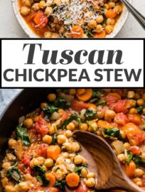 With simple ingredients and bright flavors, this easy Tuscan chickpea stew is a healthy and delicious meatless meal made in about 30 minutes!