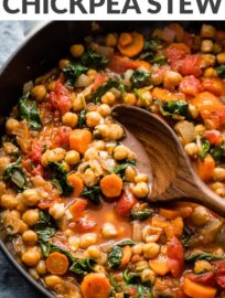 With simple ingredients and bright flavors, this easy Tuscan chickpea stew is a healthy and delicious meatless meal made in about 30 minutes!