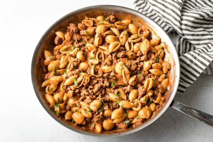 Beef and shells finished in skillet.