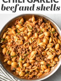Chili garlic Beef and Shells is incredibly simple, hearty, and comforting. This is a terrific family dinner you can have ready in about 20 minutes.