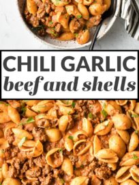 Chili garlic Beef and Shells is incredibly simple, hearty, and comforting. This is a terrific family dinner you can have ready in about 20 minutes.