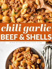 Chili garlic Beef and Shells is incredibly simple, hearty, and comforting. This is a terrific family dinner you can have ready in about 20 minutes.