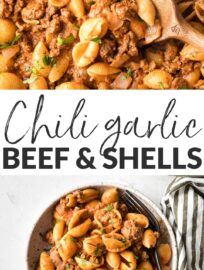 Chili garlic Beef and Shells is incredibly simple, hearty, and comforting. This is a terrific family dinner you can have ready in about 20 minutes.