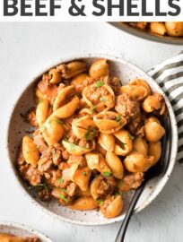 Chili garlic Beef and Shells is incredibly simple, hearty, and comforting. This is a terrific family dinner you can have ready in about 20 minutes.