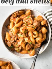 Chili garlic Beef and Shells is incredibly simple, hearty, and comforting. This is a terrific family dinner you can have ready in about 20 minutes.