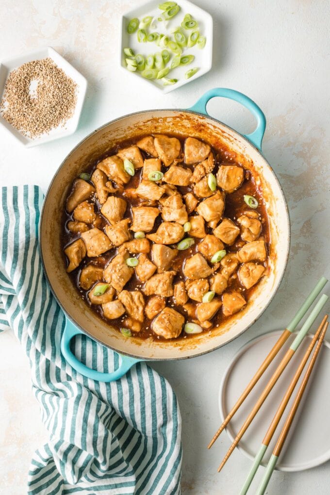 Skillet with homemade teriyaki chicken, ready to serve.